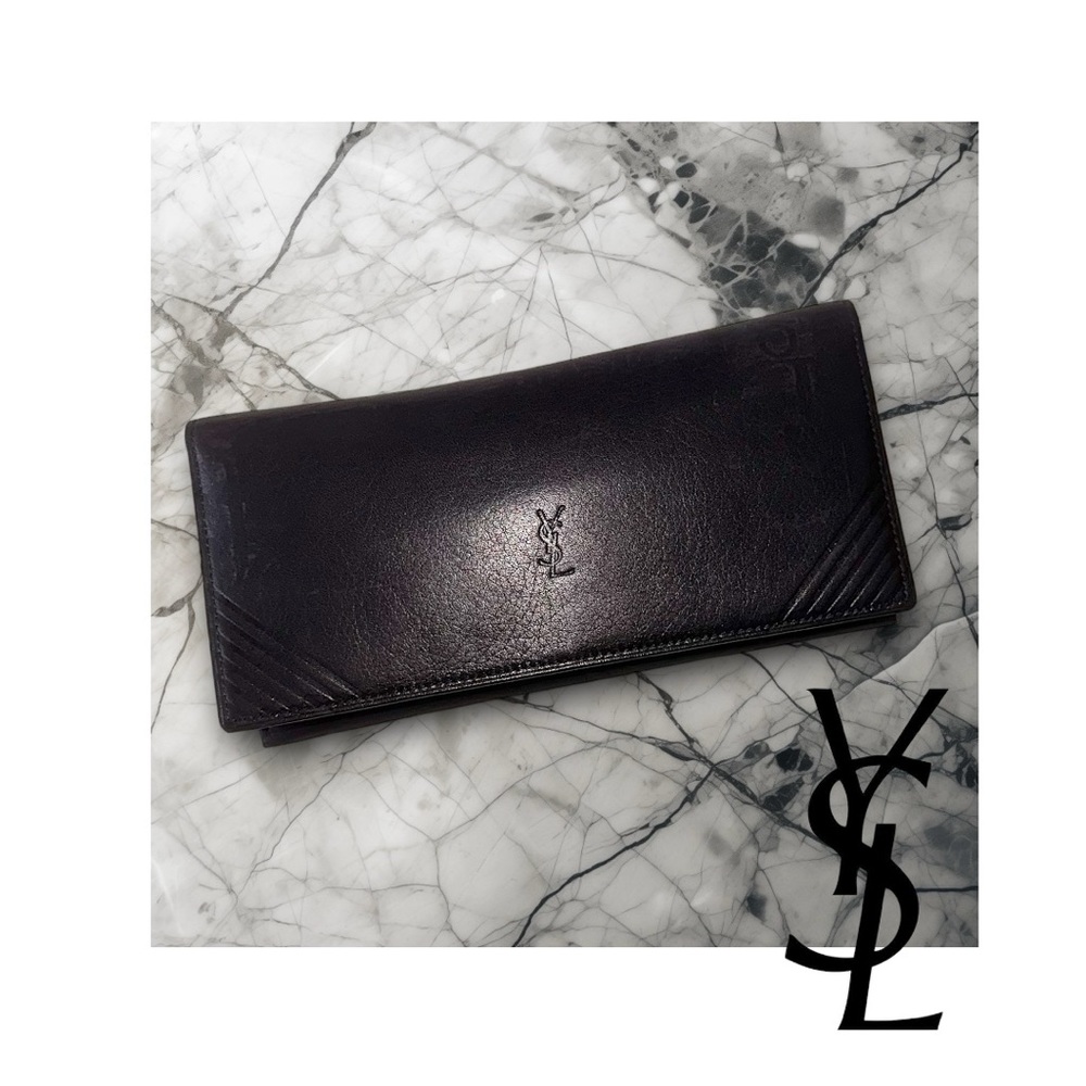 YSL leather wallet full-size thin classic Luxury Yves St Laurent dark blue #Ho71